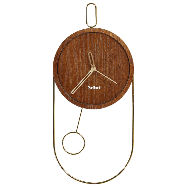 Wanduhr mit Pendel, rundes Zifferblatt aus dunklem Holz, goldfarbener Metallrahmen, Beliani Logo.