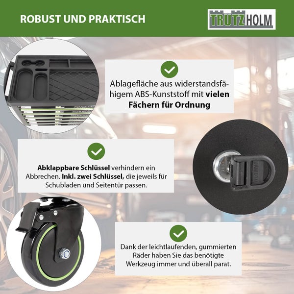 Werkstattwagen mit Ablagefläche aus Kunststoff, Schloss mit abklappbarem Schlüssel für Schubladen und gummiertem Rad. Trutzholm Logo.