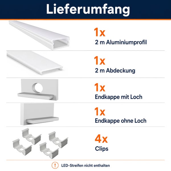 Lieferumfang für LED Profil Set mit zwei Meter Aluminiumprofil Abdeckung Endkappen und Befestigungsclips