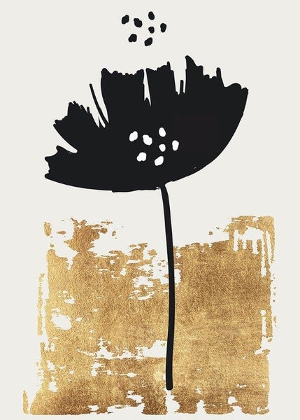 Abstraktes Wandbild mit stilisierter schwarzer Blume und einem Bereich mit Goldeffekt.
