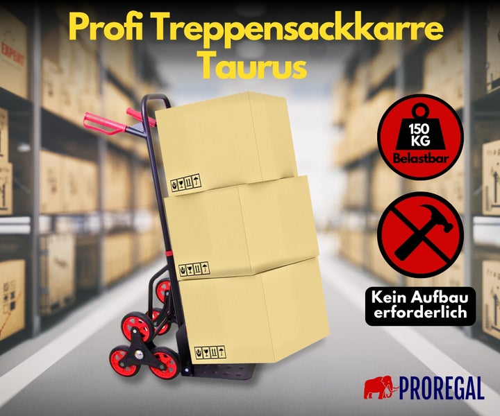 Profi Treppensackkarre Taurus von Proregal mit 150 Kilogramm Tragkraft, montiert geliefert, ideal für den Transport schwerer Kartons auf Treppen.