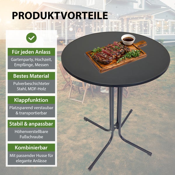 Runder Stehtisch aus pulverbeschichtetem Stahl und Holz mit Produktvorteilen und Steak auf einem Holzbrett vor einem Haus im Garten.