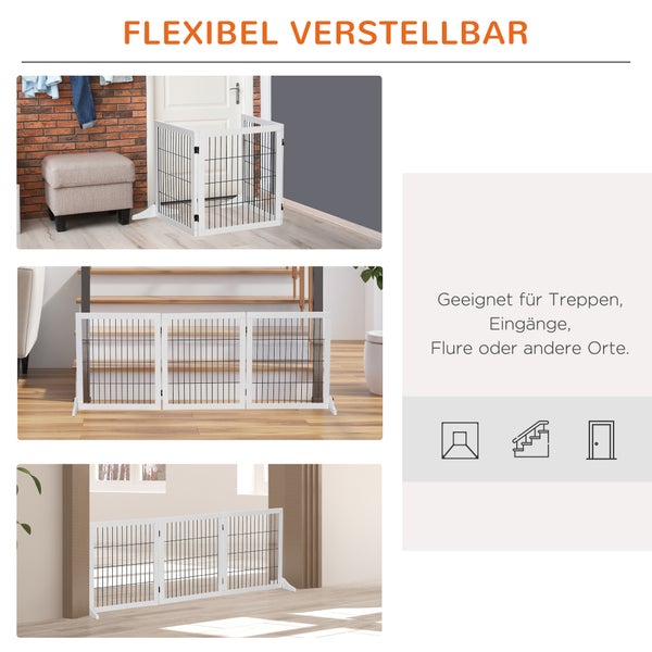 PawHut Absperrgitter für Hunde Schutzgitter Hundegitter mit Stützfüßen Treppengitter Hundeabsperrgitter Türschutzgitter für Kamin & Ofen, Kiefernholz Weiß 185 x 36 x 71 cm