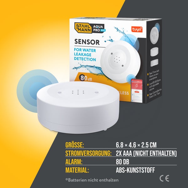 Stahlmann Aqua Pro WiFi Wassermelder, 80 Dezibel Alarm, App-Steuerung, Maße 6,8 mal 4,6 mal 2,5 Zentimeter, aus ABS-Kunststoff.