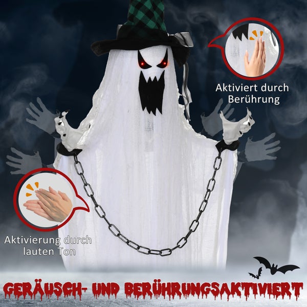 Dekorativer Halloween-Geist mit Hut und Ketten, aktivierbar durch Geräusche und Berührung.