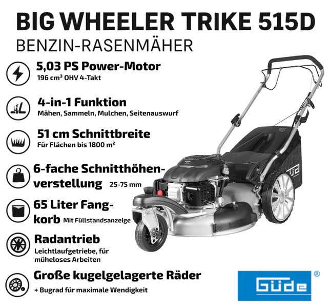 GÜDE Benzin-Rasenmäher Big Wheeler Trike 515 D | 4in1 mit Radantrieb, 51 cm Schnittbreite, 5 PS, Mulchfunktion, Seitenauswurf, 65 l Fangkorb, Leichtstart