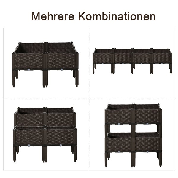 Outsunny Hochbeet 4-teiliger Pflanzkasten mit Abflusslöchern Rattan-Look Blumenkasten DIY Braun 40 x 40 x 44 cm