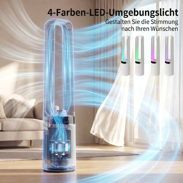 Rotorloser Turmventilator mit vierfarbigem LED Umgebungslicht und visualisiertem Luftstrom in einem hellen Wohnzimmer.