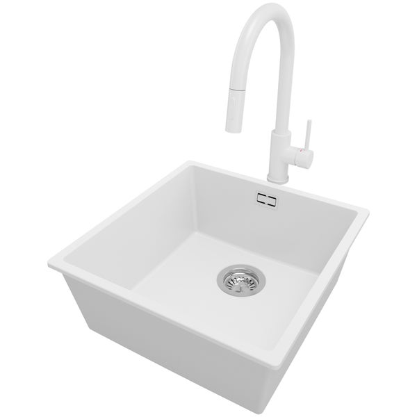 PRIMAGRAN Granitspüle Weiß 46x47cm, Spülbecken 1 Becken + Küchenarmatur 40x20cm + Ablauf-Set, Küchenspüle ab 50er Unterschrank - London Slim