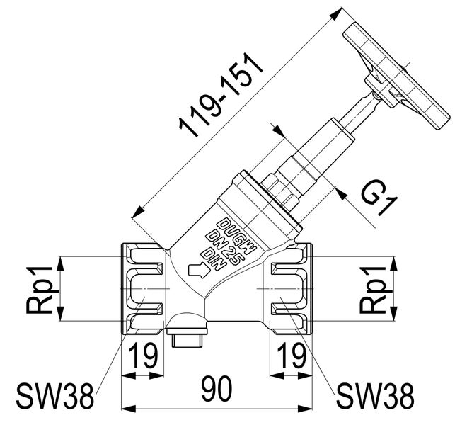 Technische Zeichnung eines Schrägsitzventils mit Maßangaben für DN25, Rp1 Gewinde und einer Gesamtlänge von 90 Millimetern.