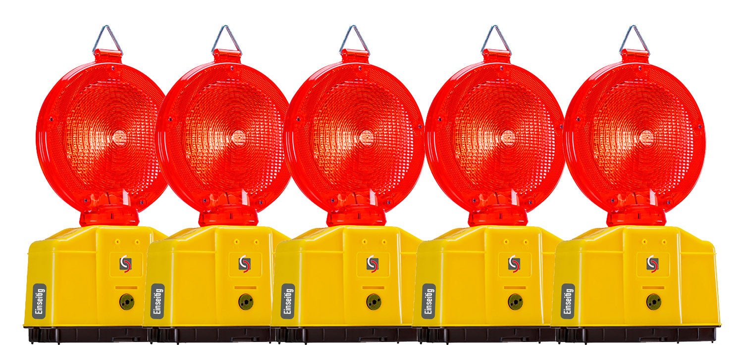 Vollsperrung Set 5 x LED Warnleuchten rot Ein- oder Zweiseitg optional mit Batterien / Einseitig ohne Batterien