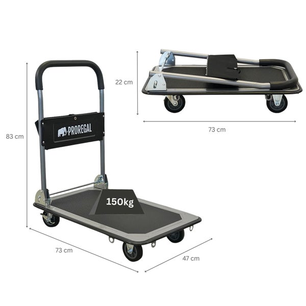 Proregal Transportkarre mit einer maximalen Tragkraft von 150 Kilogramm und den Maßen 83 x 73 x 47 Zentimeter, dargestellt in aufgebautem und zusammengeklapptem Zustand