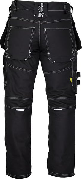 Job Arbeitshose Schwarz, Rückansicht mit Kontrastnähten, verstärkten Knien, mehreren Taschen und Job Logo.