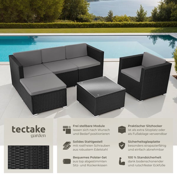 Rattan Lounge tectake Lignano variabel aufstellbar für 4 bis 5 Personen schwarz