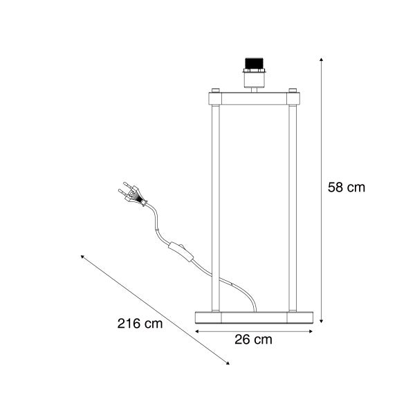 Maßzeichnung eines Lampenfußes mit einer Höhe von 58 Zentimetern, einer Breite von 26 Zentimetern und einer Kabellänge von 216 Zentimetern.