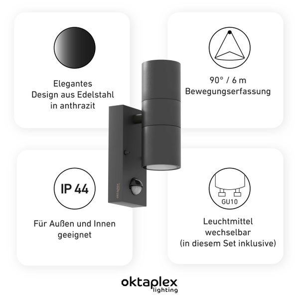 Oktaplex Chile Außenlampe mit Bewegungsmelder Edelstahl 2x GU10 Leuchtmittel Warmweiß Anthrazit