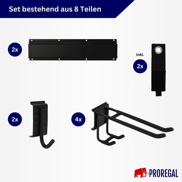 Achtteiliges Ordnungssystem Set von Proregal bestehend aus zwei Wandschienen, zwei Schlaufen und sechs verschiedenen Haken zur Wandmontage.