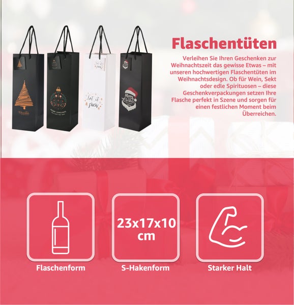 Vier Geschenktüten für Flaschen mit weihnachtlichen Motiven.