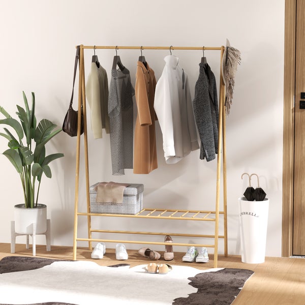 HOMCOM Kleiderständer Garderobenständer mit Ablagen, Haken, Kleiderstange, Garderobe aus Bambus für Schlafzimmer, Ausstellungen, Waschküche, Waschküche, Naturholz