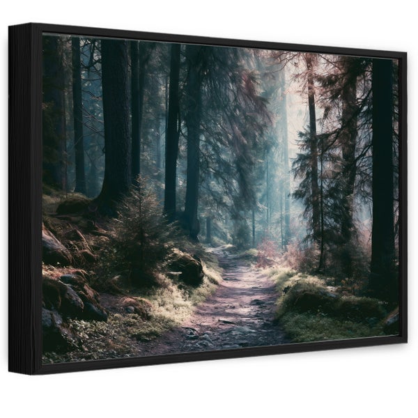 Wandbild mit Waldmotiv in einem schwarzen Rahmen, perspektivische Ansicht eines Waldweges mit einfallendem Licht.