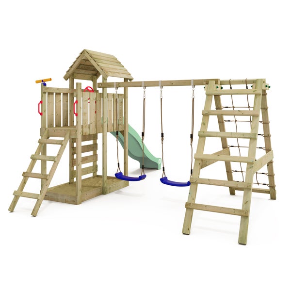 WICKEY Spielturm Klettergerüst RocketFlyer mit Schaukel und Rutsche, Kletterturm mit Sandkasten, Kletteranbau und Spiel-Zubehör – pastellgrün