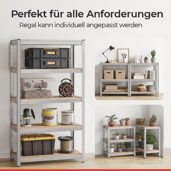 Regalsystem mit Werkzeugkisten, Aufbewahrungsboxen, Werkzeugen und Dekorationen