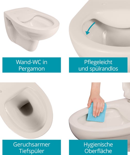 Calmwaters® Spülrandloses Hänge WC als Tiefspül WC im Komplett-Set mit Toilettendeckel mit Absenkautomatik in Pergamon Take-Off, 99000192