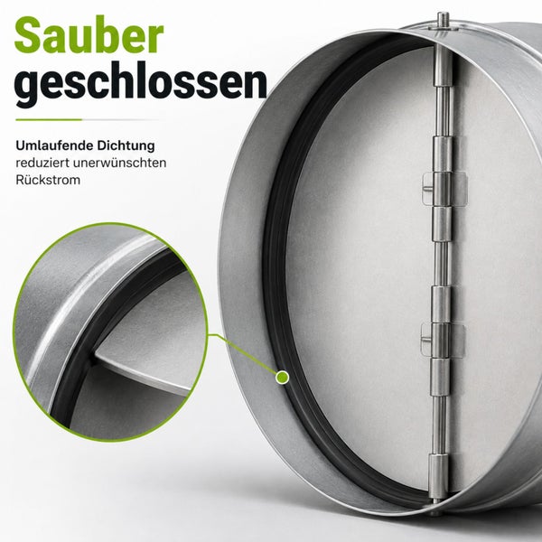 Runde Rückschlagklappe aus Metall mit umlaufender Dichtung zur Vermeidung von unerwünschtem Rückstrom.