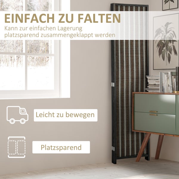 Zimmer Szene mit Raumteiler, Kommode, Fenster und grafischen Elementen, die auf einfaches Zusammenklappen, leichte Beweglichkeit und Platzersparnis hinweisen