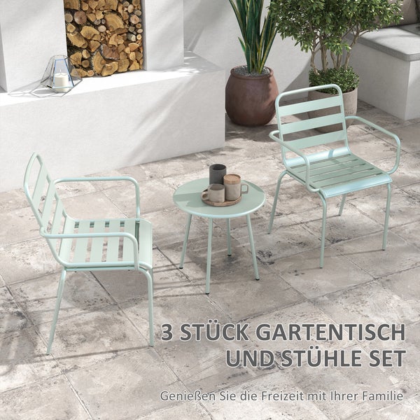 Outsunny 3tlg.  Gartenmöbel Set, mit 1 Couchtisch, 2 Stapelbaren Stühlen, 51L x 58B x 78H cm, Stahl, Grün
