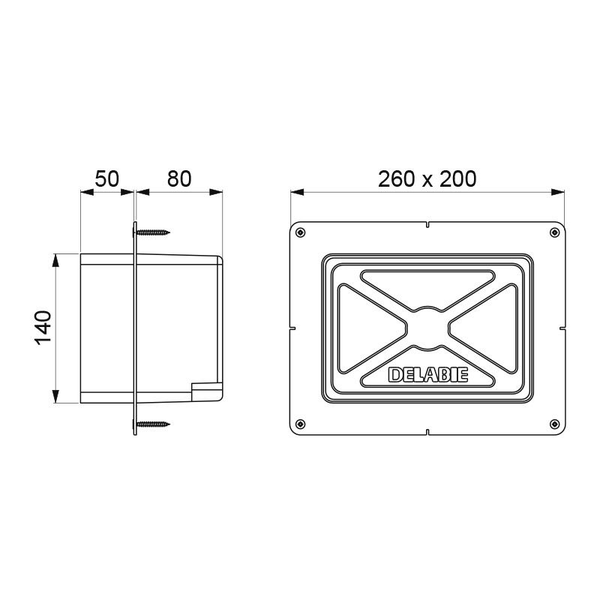 Technische Zeichnung eines Delabie Einbaukastens mit den Maßen 260 mal 200 Millimeter sowie Tiefenangaben von 50 und 80 Millimeter.