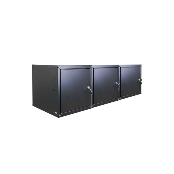 Schwarzer Metall-Wandschrank mit drei abschließbaren Türen und Schlüsseln.