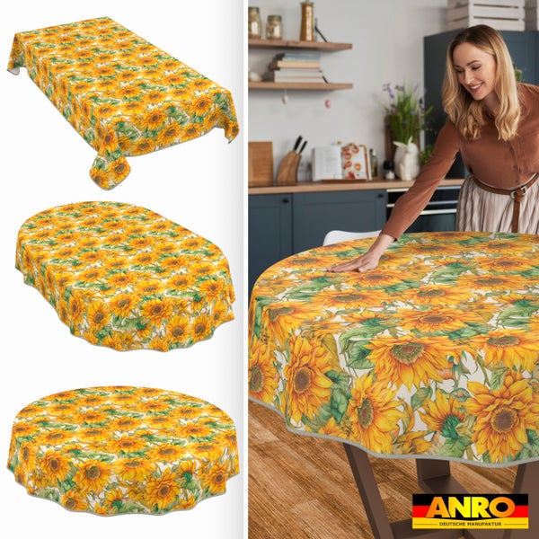 Wachstuch-Tischdecke mit Sonnenblumen-Muster in rechteckiger, ovaler und runder Form sowie eine Frau beim Eindecken eines Tisches. ANRO Logo.