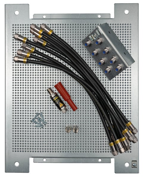 8 Teilnehmer Lochblech Montageplatte Set für Kabel TV Antennenverstärker, Sat- / Kabel Verteiler inkl. F-Stecker Koaxialkabel Patchkabel, Kabelfernsehen Überspannungschutz, Erdungsblock
