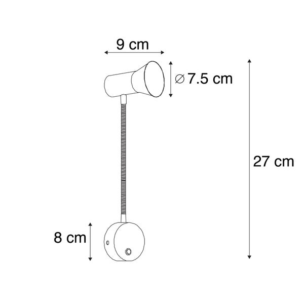 Technische Zeichnung einer Wandleuchte mit den Maßen 9 cm Lampenkopf Tiefe, 7,5 cm Lampenkopf Durchmesser, 27 cm Gesamthöhe und 8 cm Basis Tiefe