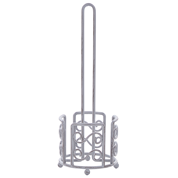 Nostalgischer Ersatzrollenhalter aus grauem Metall mit dekorativen Ornamenten.