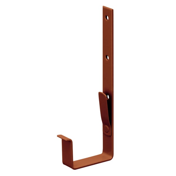 Dachrinnenhalter aus Metall in J-Form, kupferbraun, mit vorgebohrten Löchern und Befestigungsclip.