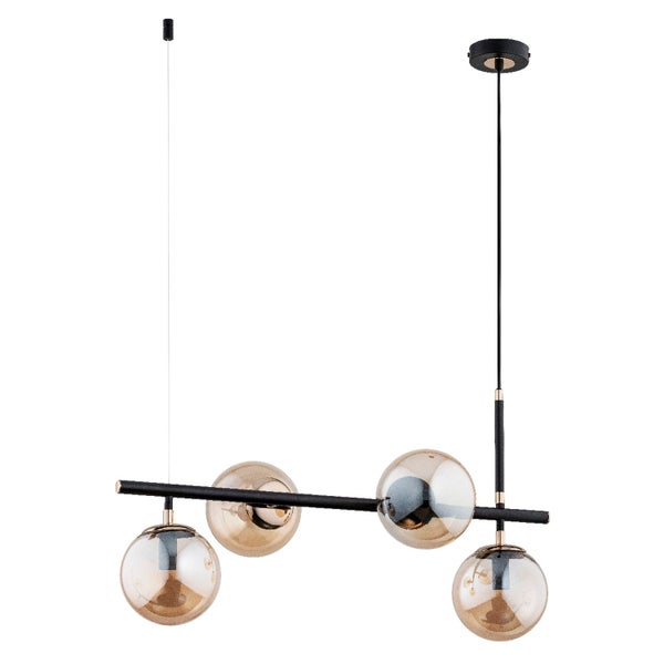 Moderne Pendelleuchte mit vier Glaskugeln an einer horizontalen Metallstange für eine stilvolle Innenbeleuchtung