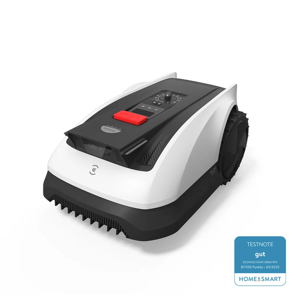 Ecovacs Logo. Ecovacs Mähroboter Goat G1-800 mit Bedienfeld und Stopp-Taste. Testurteil gut von Home und Smart.
