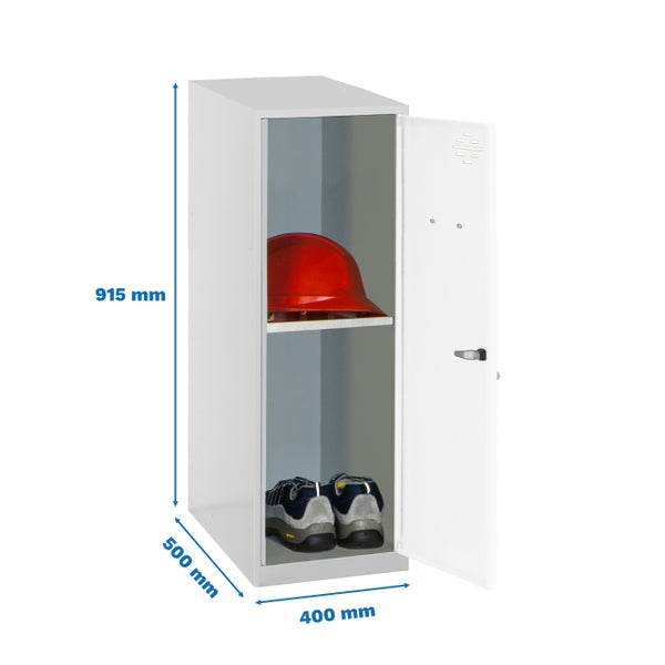 Weißer Garderobenschrank mit Helm und Schuhen, Abmessungen 915 x 500 x 400 mm