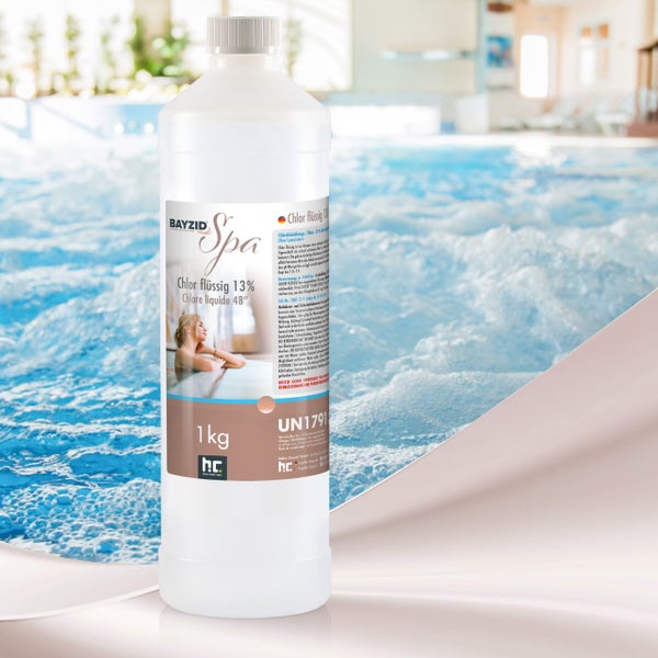 Flasche mit flüssigem Chlor zur Poolreinigung, 1 Kilogramm