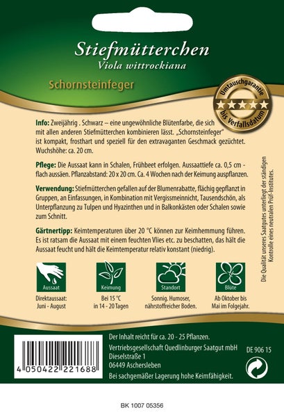 Rückseite der Saatgutpackung für Stiefmütterchen Schornsteinfeger mit Infos zu Aussaat, Pflege, Standort, Umtauschgarantie und Quedlinburger Saatgut mbH Logo.