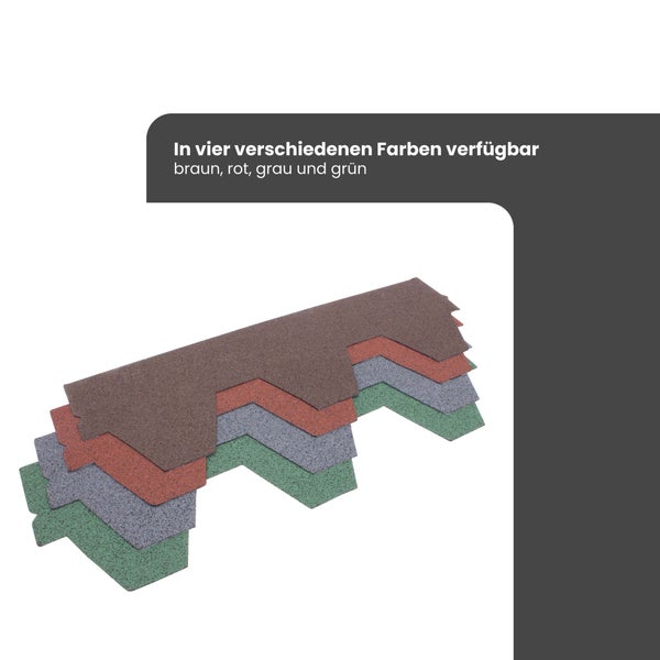 Bitumenschindeln in Wabenform, in vier verschiedenen Farben erhältlich.