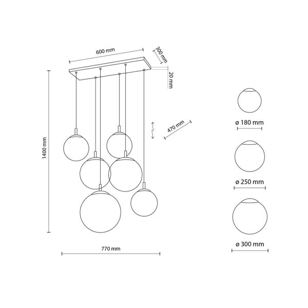 Abmessungen der Hängeleuchte mit mehreren Kugeln und rechteckiger Aufhängung