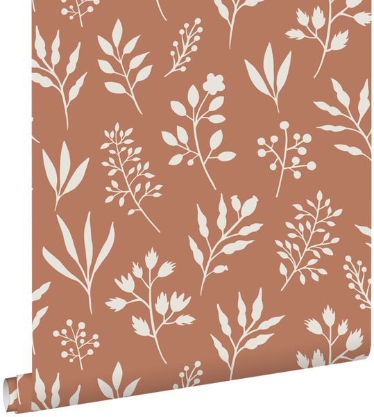 ESTAhome Tapete Blumenmuster im skandinavischen Stil Terrakotta und Weiß - 53 cm x 10.05 m - 139319