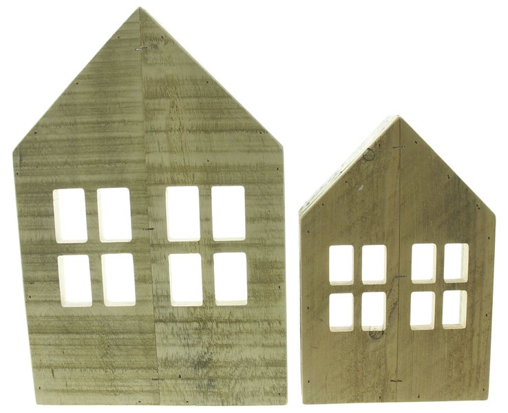 FRANK FLECHTWAREN | Holzdeko Häuschen, 2er Set, HOLZ, 18 x 6 x 27 cm, 25 x 8 x 37 cm