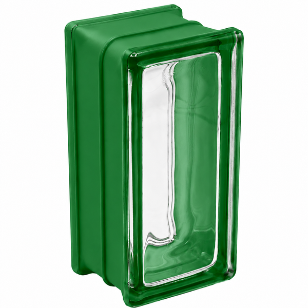 Rechteckiger Glasbaustein im Halbformat in Grün mit transparentem Zentrum.