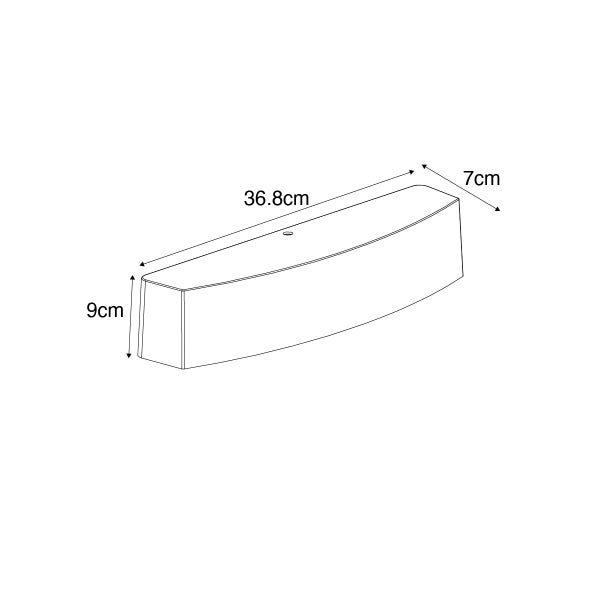 Technische Zeichnung einer gewölbten Wandlampe mit Abmessungen von 36,8 Zentimeter Breite, 9 Zentimeter Höhe und 7 Zentimeter Tiefe.