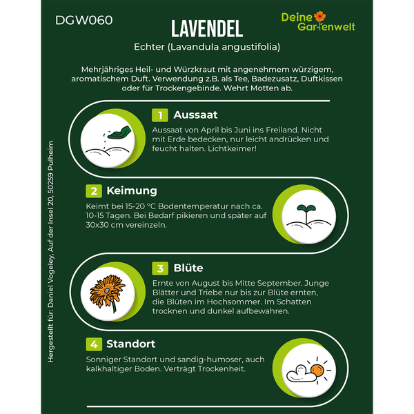 Infografik Echter Lavendel: Aussaat April bis Juni, Keimung bei 15 bis 20 Grad Celsius, Ernte August bis September. Deine Gartenwelt Logo.