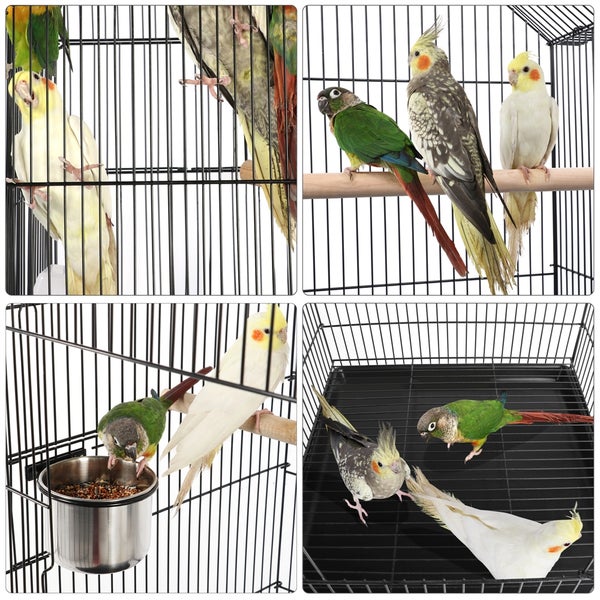 Collage eines Vogelkäfigs mit mehreren Vögeln